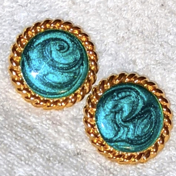 ♥️Vintage Italy Retro Stud Fashion Earrings 1" Fuschia & Emerald Marble, 2 Pair - Picture 7 of 8